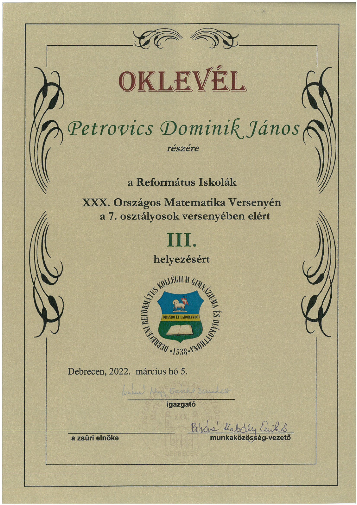 Petrovics Dominik oklevel page 0001